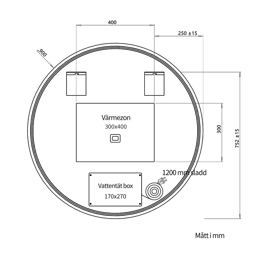 Rund spegel med LED-ljus och värme, Ø90 cm