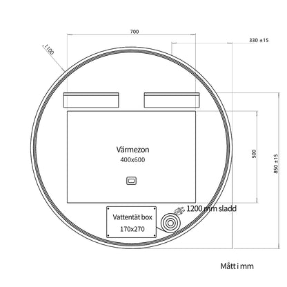 Rund spegel med LED-ljus och värme, Ø110 cm