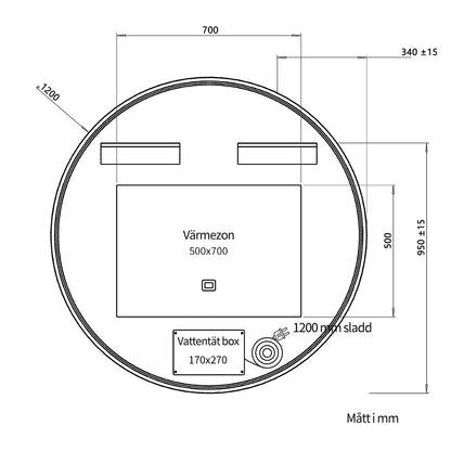 Rund spegel med LED-ljus och värme, Ø120 cm