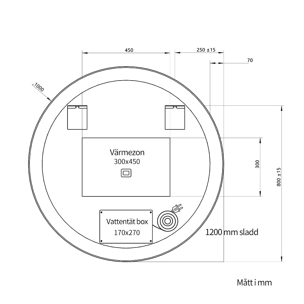 Rund spegel med Frontlight LED-ljus och värme Ø100 cm