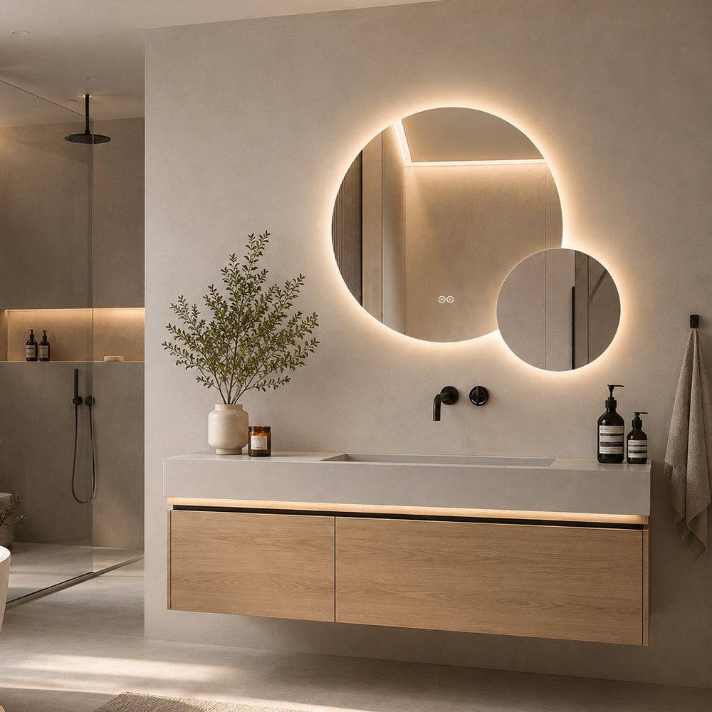 Dubbelspegel med LED-ljus och värme, Ø80 + Ø40 cm (Vänstervänd)