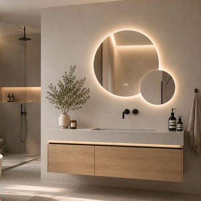 Dubbelspegel med LED-ljus och värme, Ø80 + Ø40 cm (Vänstervänd)