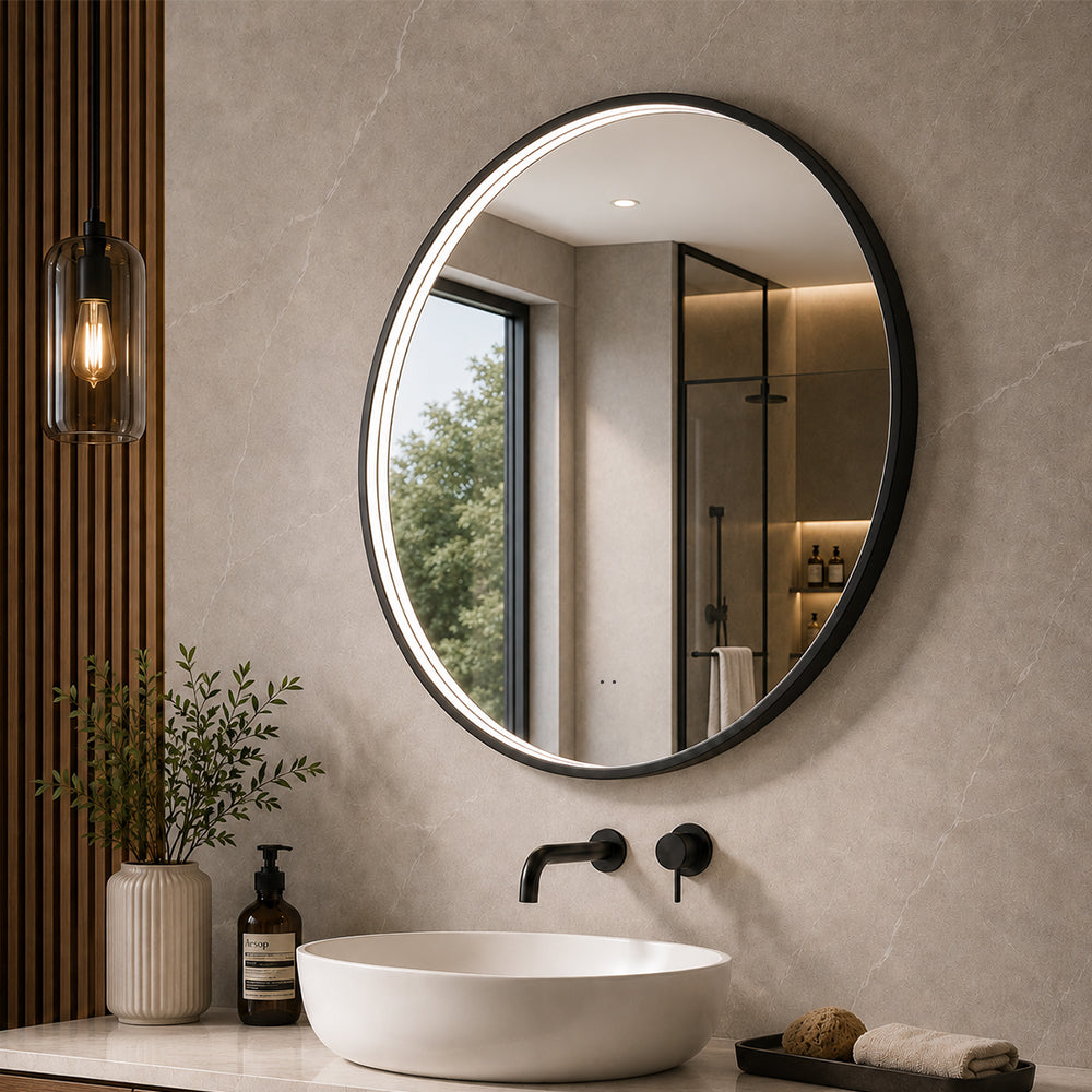 Rund spegel med LED-ljus i ram och värme Ø80, svart ram