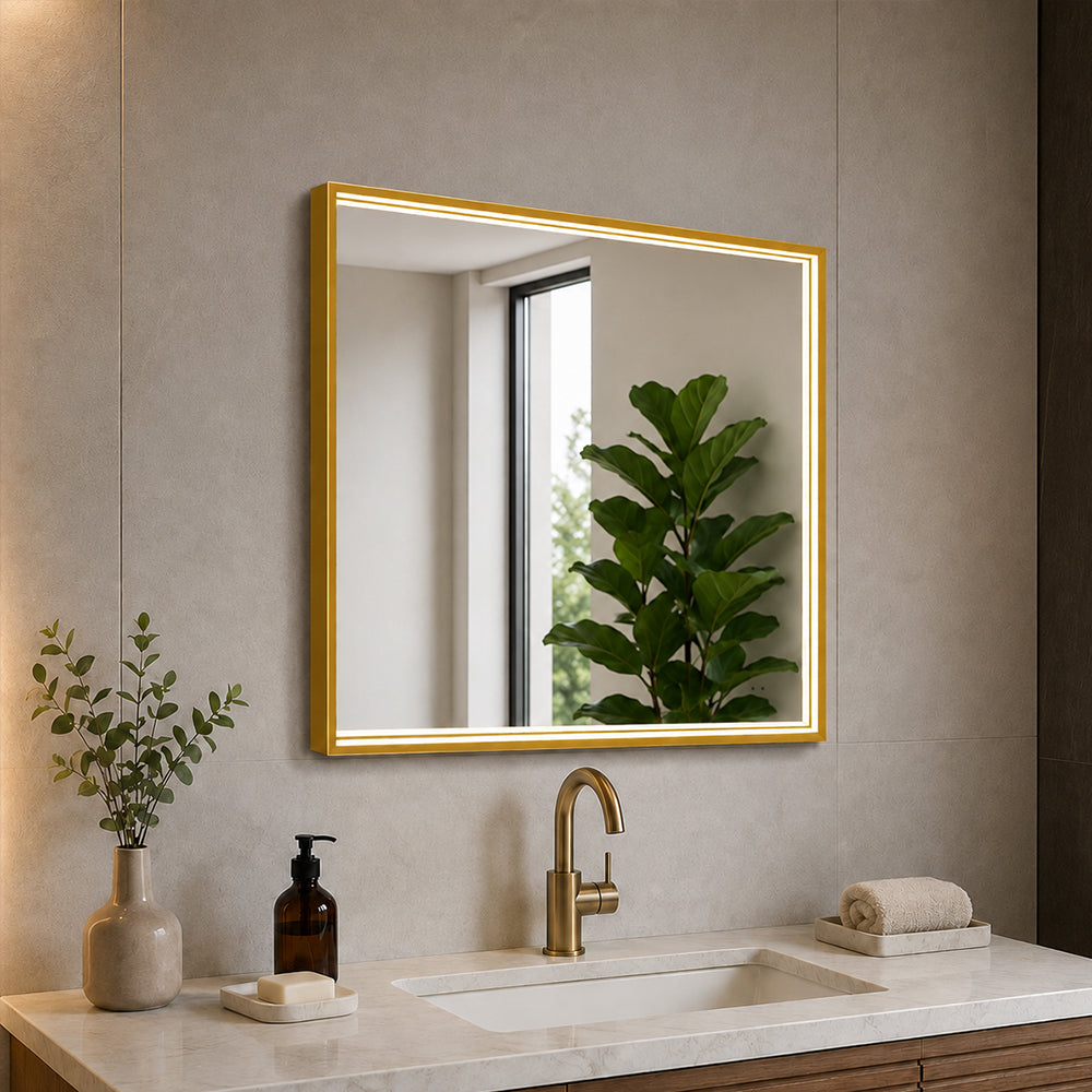 Fyrkantig spegel med LED-ljus i ram och värme 80x80 cm, guld ram