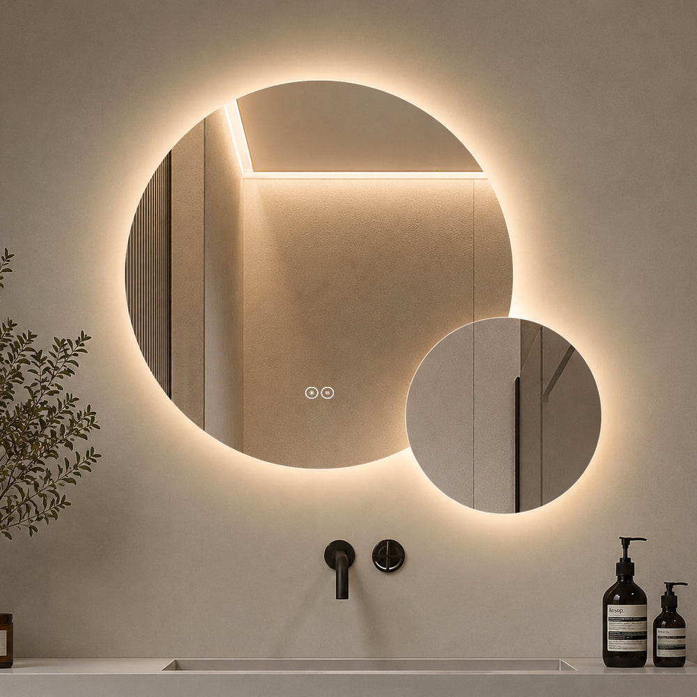 Dubbelspegel med LED-ljus och värme, Ø80 + Ø40 cm (Vänstervänd)