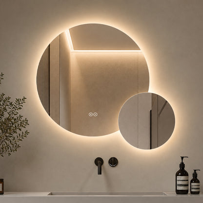 Dubbelspegel med LED-ljus och värme, Ø80 + Ø40 cm (Vänstervänd)