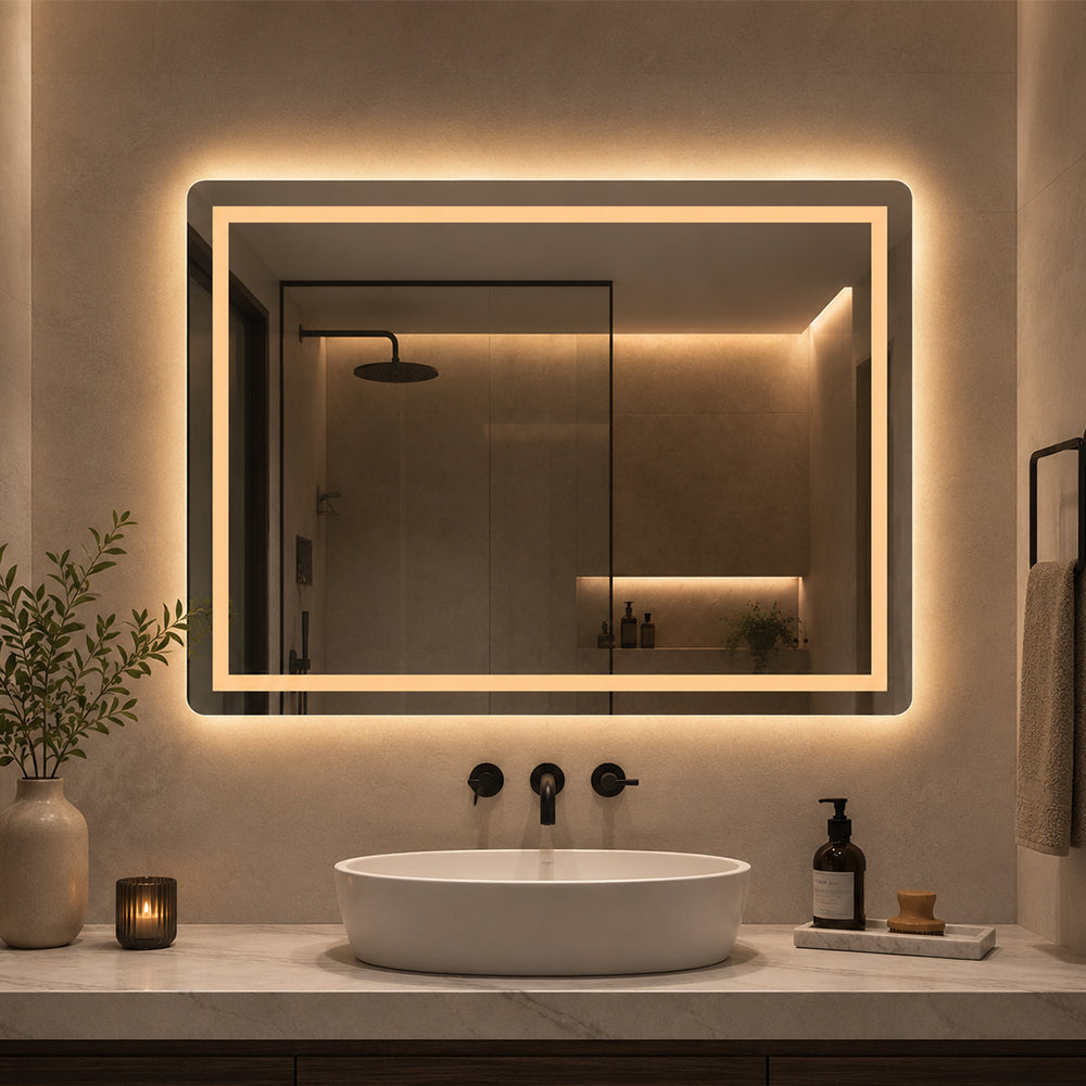 Fyrkantig spegel med Frontlight LED-ljus och värme 80x60 cm