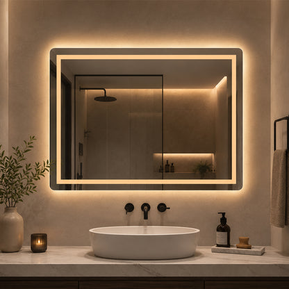 Fyrkantig spegel med Frontlight LED-ljus och värme 80x60 cm