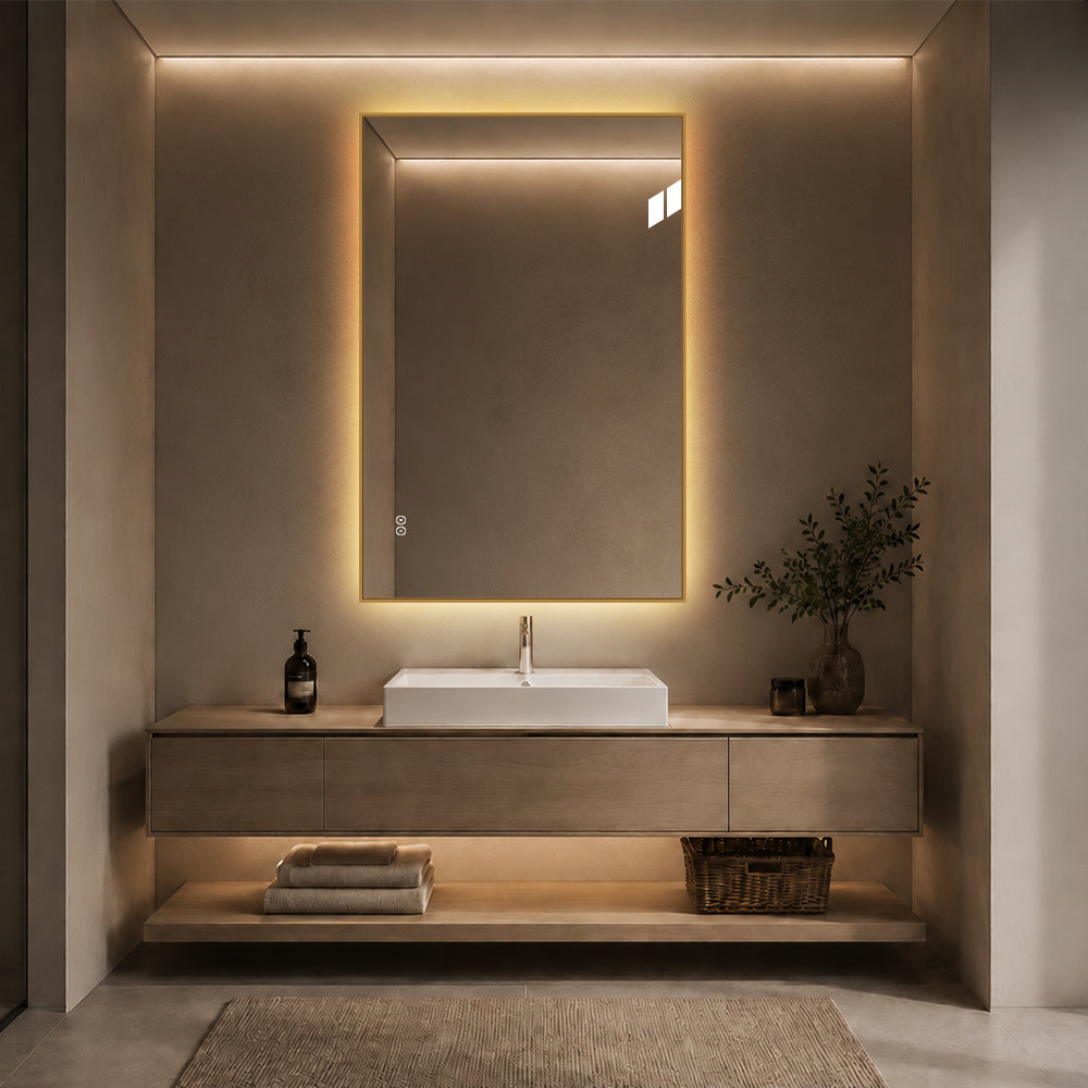 Rektangulär Spegel med LED-ljus och Antidimma 80x120 cm - Guld ram 90º