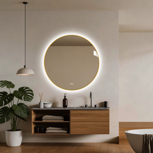 Rund spegel med LED-ljus och värme, Ø80 cm med guld ram