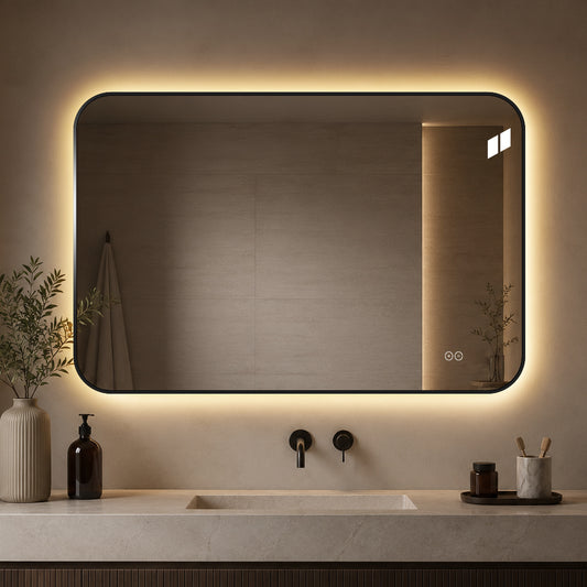 Rektangulär spegel, med LED-ljus och värme, 120x80 cm - Svart ram, runda hörn