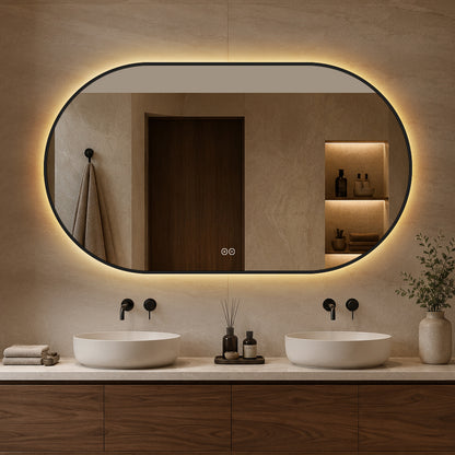 Oval Spegel med LED-ljus och Antidimma 140x80 cm m/svart ram