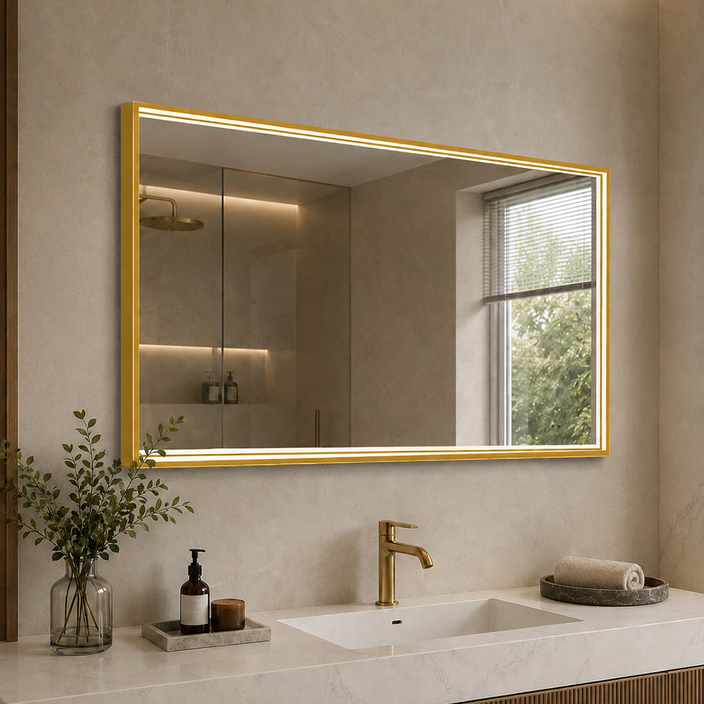 Fyrkantig spegel med LED-ljus i ram och värme 120x80 cm, guld ram