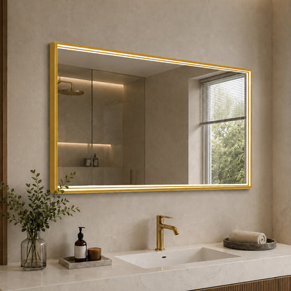 Fyrkantig spegel med LED-ljus i ram och värme 120x80 cm, guld ram