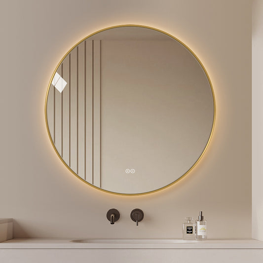 Rund spegel med LED-ljus och värme, Ø80 cm med guld ram