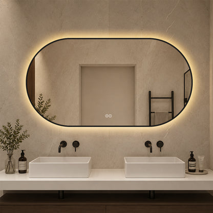 Oval spegel med ljus och värme, 150x80 cm med svart ram