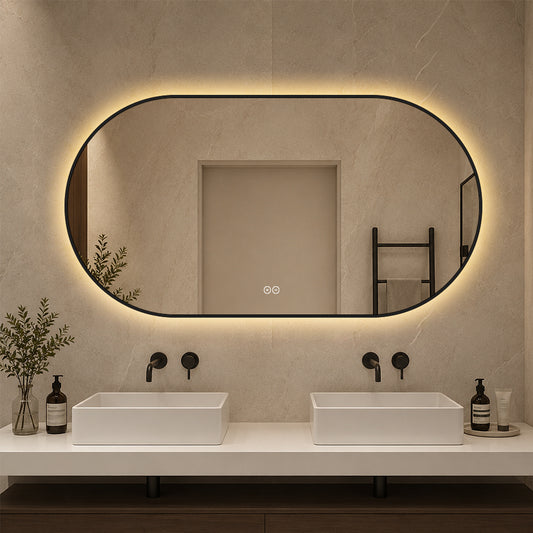 Oval spegel med ljus och värme, 150x80 cm med svart ram