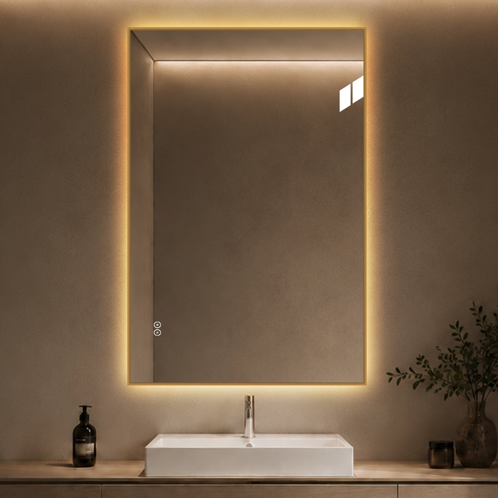 Rektangulär Spegel med LED-ljus och Antidimma 80x120 cm - Guld ram 90º
