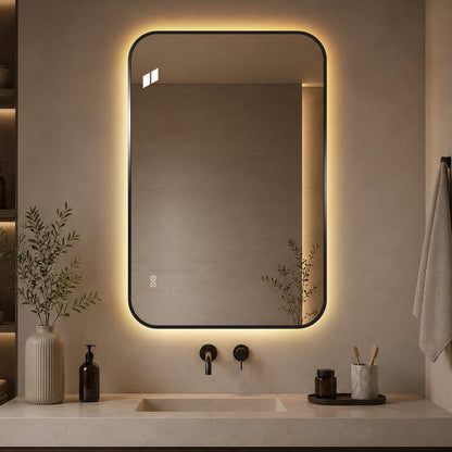 Rektangulär spegel, med LED-ljus och värme, 80x120 cm - Svart ram, runda hörn