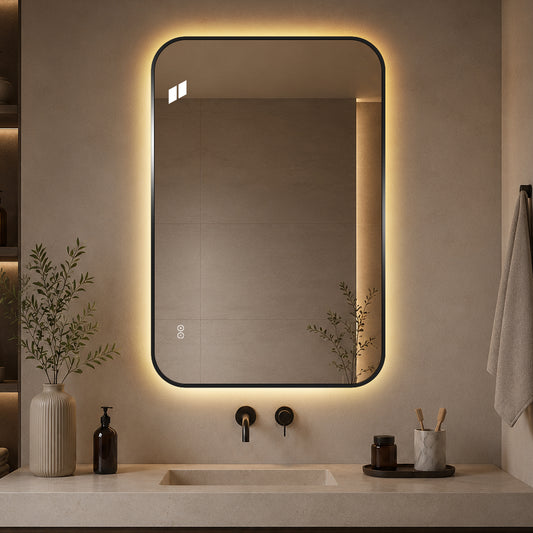 Rektangulär spegel, med LED-ljus och värme, 80x120 cm - Svart ram, runda hörn
