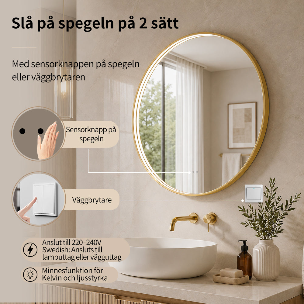 Rund spegel med LED-ljus i ram och värme Ø80, guld ram