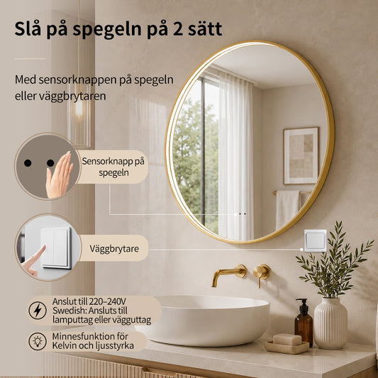 Rund spegel med LED-ljus i ram och värme Ø80, guld ram
