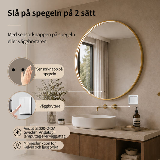 Rund spegel med LED-ljus i ram och värme Ø100, guld ram