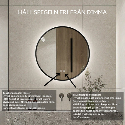 Rund spegel med LED-ljus och värme, Ø70 cm med svart ram