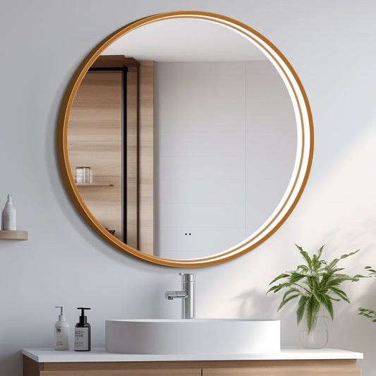 Rund spegel med LED-ljus i ram och värme Ø100, guld ram