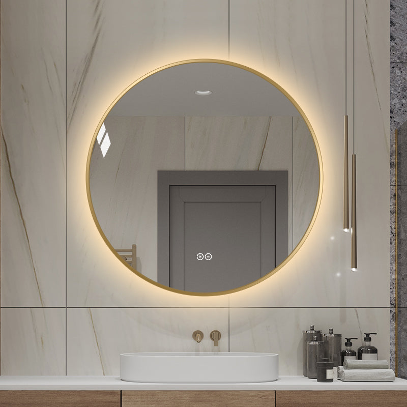 Rund spegel med LED-ljus och värme, Ø70 cm med guld ram