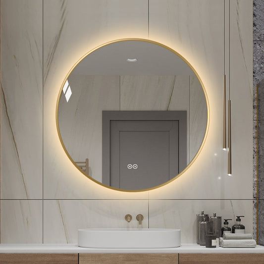 Rund spegel med LED-ljus och värme, Ø70 cm med guld ram