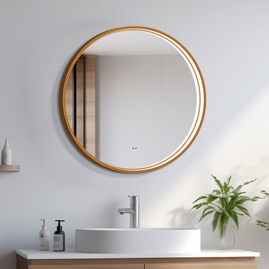 Rund spegel med LED-ljus i ram och värme Ø80, guld ram