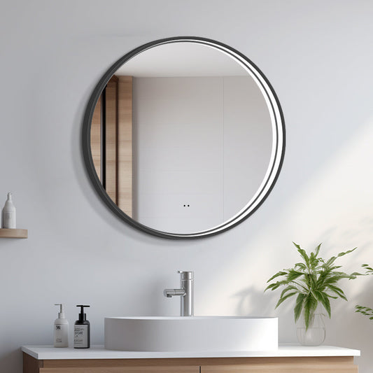 Rund spegel med LED-ljus i ram och värme Ø80, svart ram