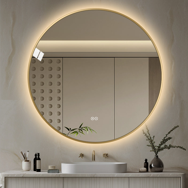 Rund spegel med LED-ljus och värme, Ø90 cm med guld ram