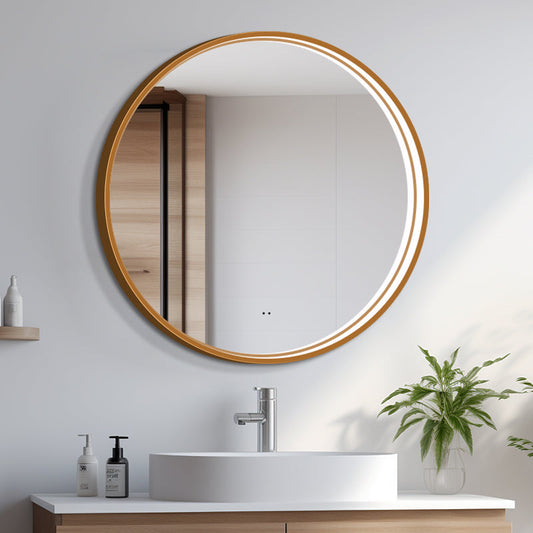 Rund spegel med LED-ljus i ram och värme Ø90, guld ram