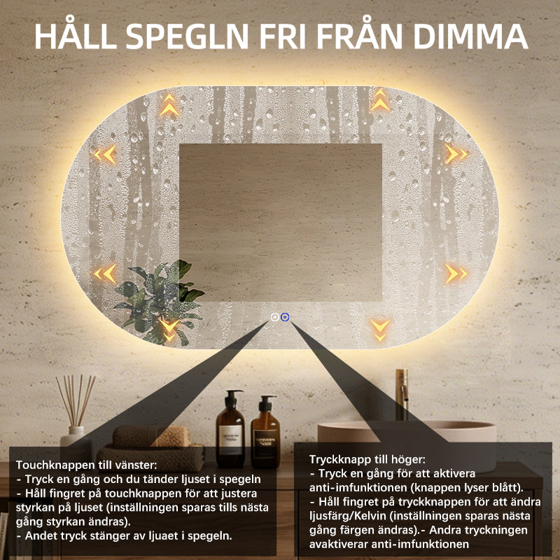 Oval spegel med LED-ljus och värme, 120x80 cm