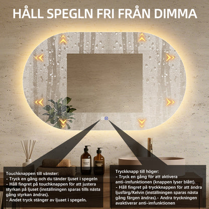 Oval spegel med LED-ljus och värme, 120x80 cm