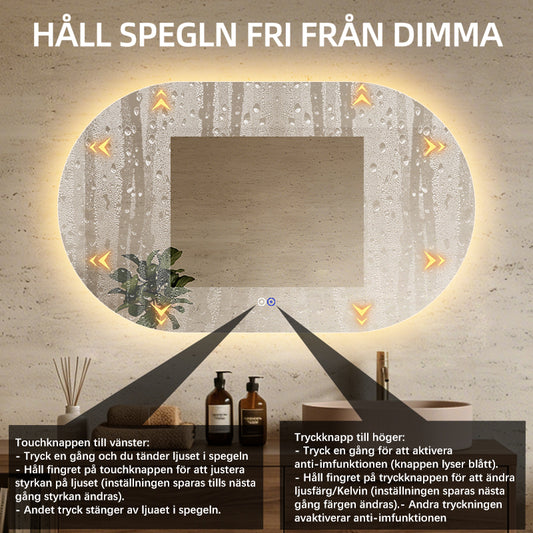 Oval spegel med LED-ljus och värme, 120x80 cm