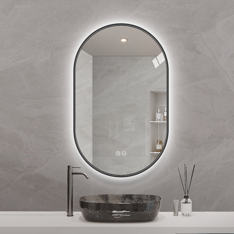Oval spegel med LED-ljus och värme, 50x80 cm med svart ram