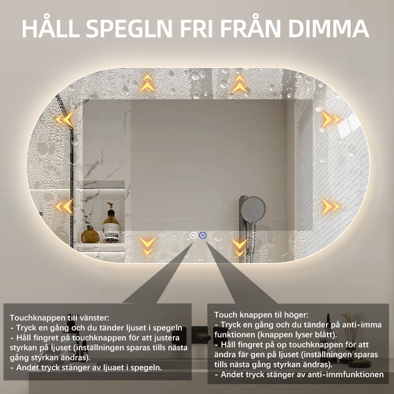 Oval spegel med LED-ljus och värme, 140x80 cm