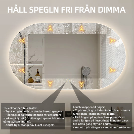 Oval spegel med LED-ljus och värme, 140x80 cm