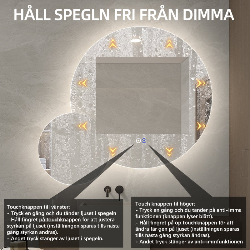 Dubbelspegel med LED-ljus och värme, Ø80 + Ø40 cm (Högervänd)