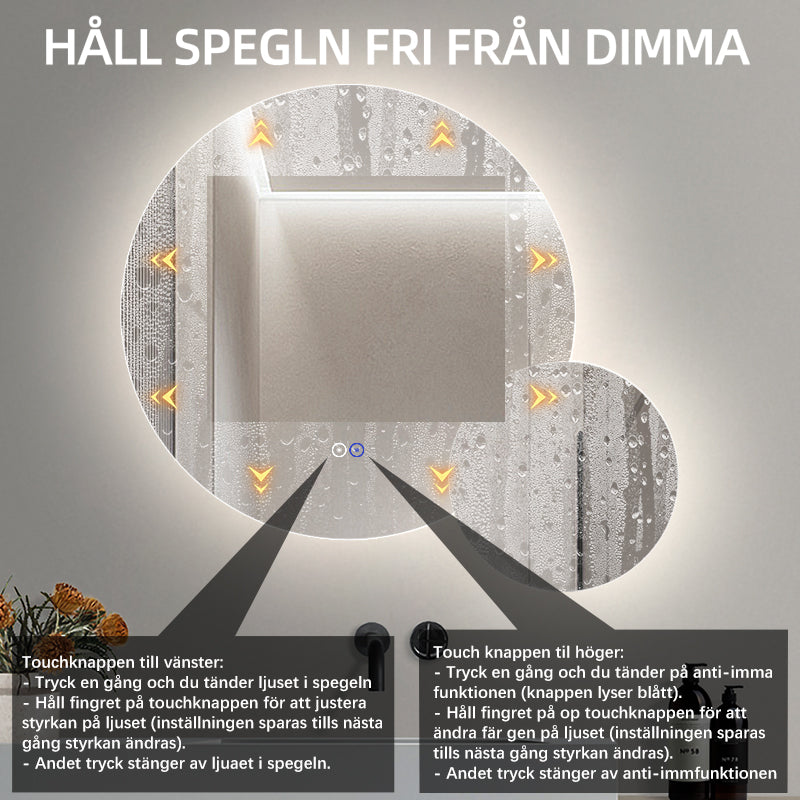 Dubbelspegel med LED-ljus och värme, Ø80 + Ø40 cm (Vänstervänd)