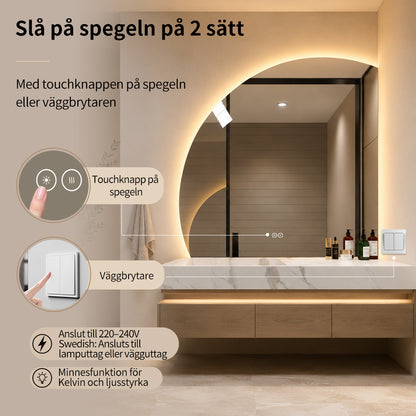 Halvcirkelspegel med LED-ljus och värme, 100x100 cm (Vänstervänd)