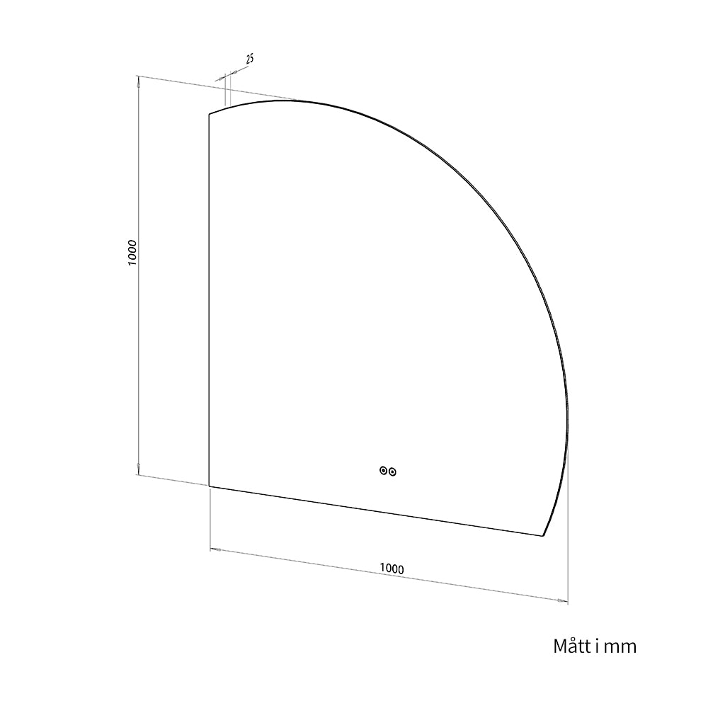 1/4 rund spegel med LED-ljus och värme, 100x100 cm (Högervänd)