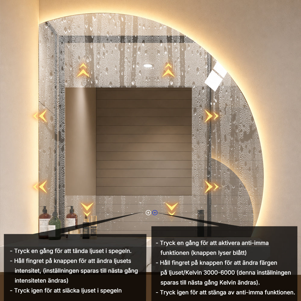 1/4 rund spegel med LED-ljus och värme, 100x100 cm (Högervänd)