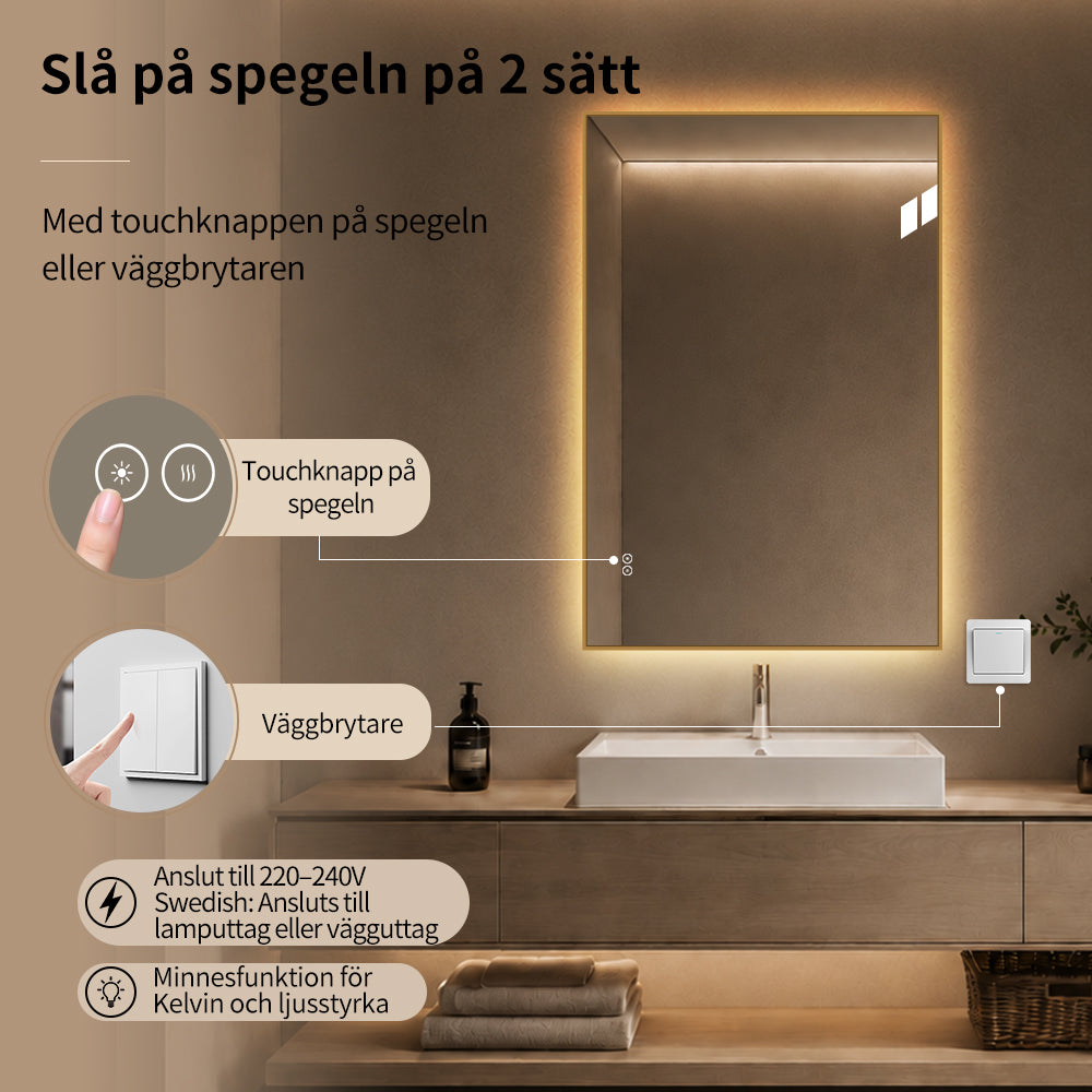 Rektangulär Spegel med LED-ljus och Antidimma 80x120 cm - Guld ram 90º