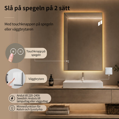 Rektangulär Spegel med LED-ljus och Antidimma 80x120 cm - Guld ram 90º