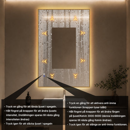Rektangulär Spegel med LED-ljus och Antidimma 80x120 cm - Guld ram 90º