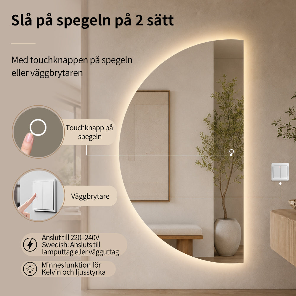 Halvmåne Spegel med LED-ljus 100x180 cm (Vänstervänd)